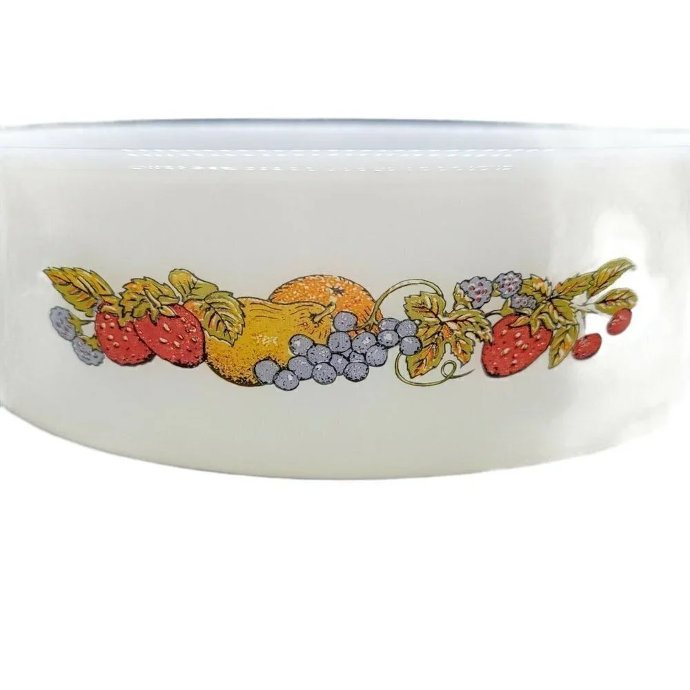 2 Vintage Anchor Hocking Fire King Casserole Dish Nature's Bounty Fruit Pattern